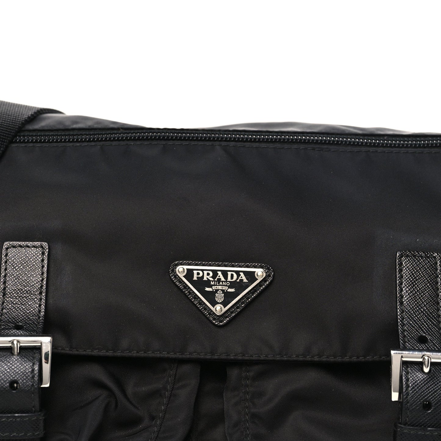 Tessuto Nylon Saffiano Double Buckle Messenger Shoulder Bag Black
