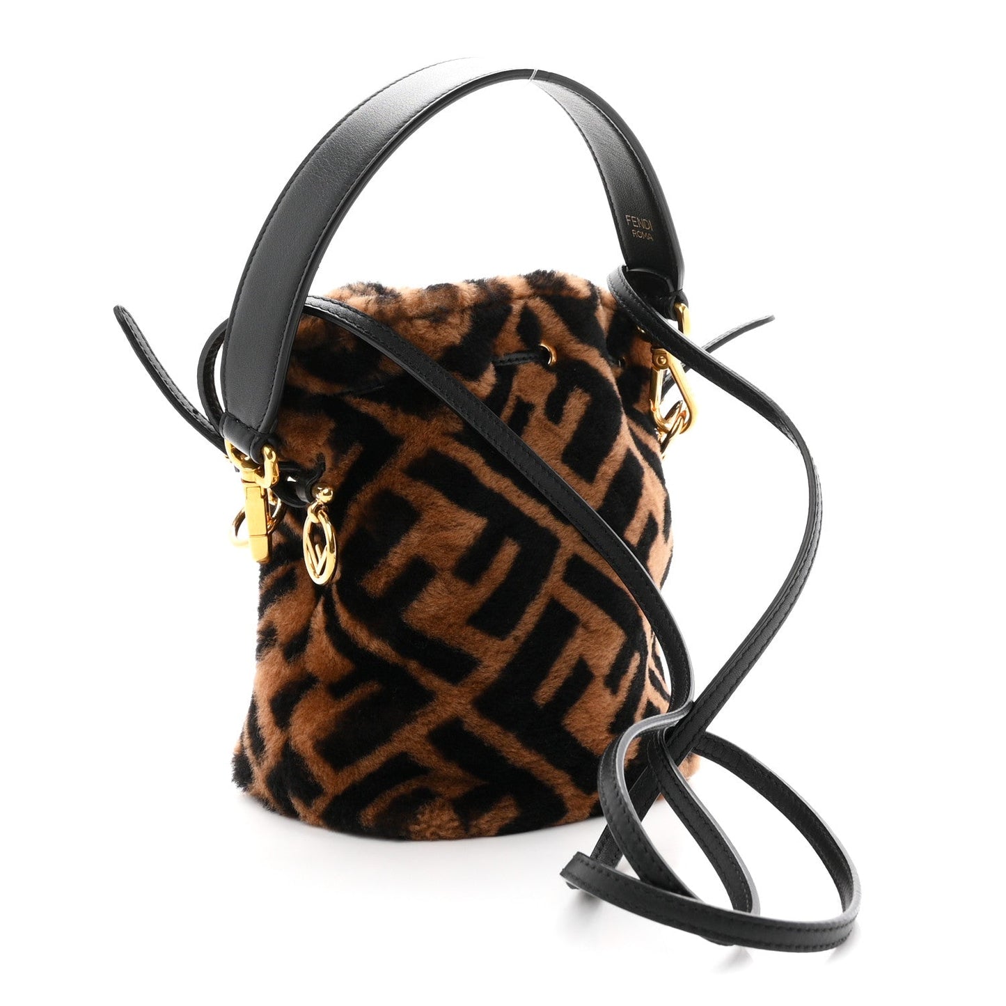 Shearling Vitello Dolce F is Fendi Macro FF 1974 Mini Mon Tresor Bucket Bag Tobacco Black