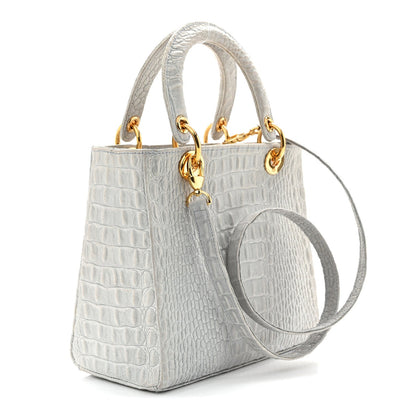 Calfskin Alligator Embossed Medium Lady Dior Light Blue