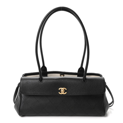 Grained Calfskin Stitched Urban Essentials Small Shopping Bag Black