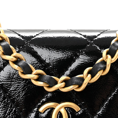 Crumpled Patent Lambskin Quilted Tassel Clutch With Chain Black