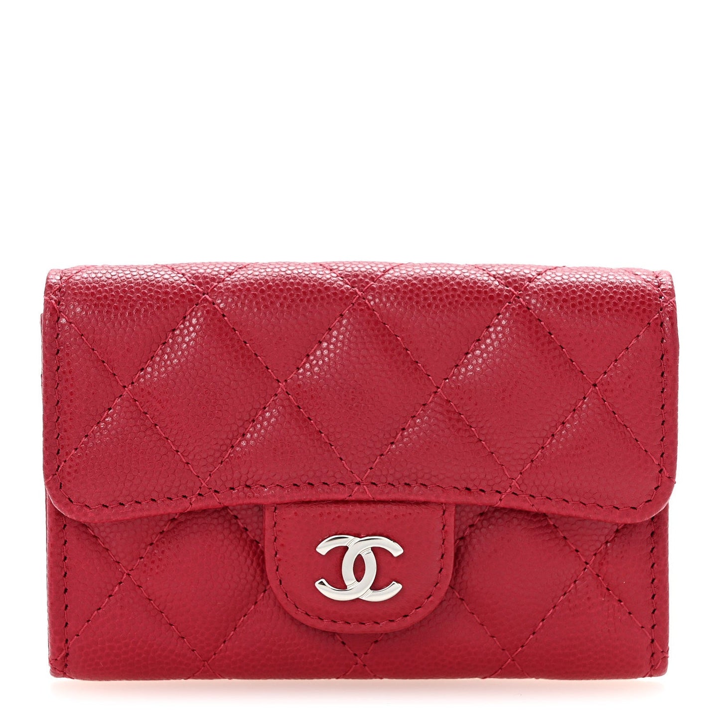 Caviar Quilted Flap Card Holder Wallet Dark Pink