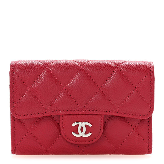 Caviar Quilted Flap Card Holder Wallet Dark Pink