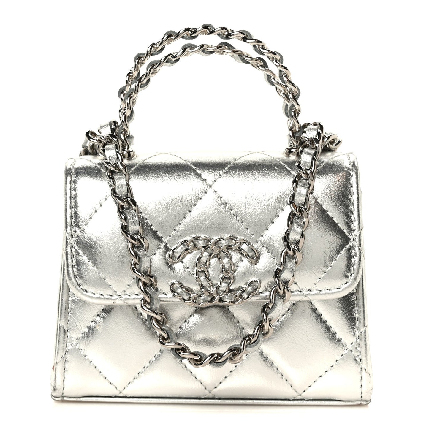 Metallic Lambskin Quilted Mini Chain CC Top Handle Clutch With Chain Silver