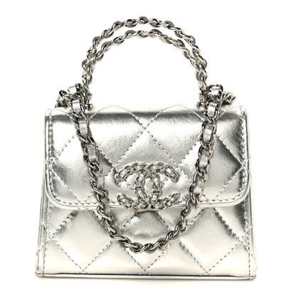 Metallic Lambskin Quilted Mini Chain CC Top Handle Clutch With Chain Silver