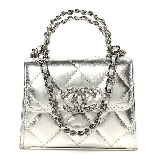 Metallic Lambskin Quilted Mini Chain CC Top Handle Clutch With Chain Silver