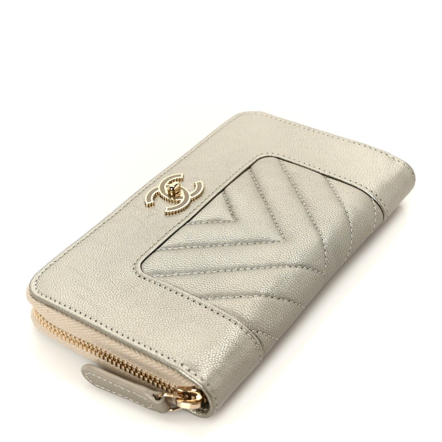 Metallic Sheepskin Chevron Quilted Medium Mademoiselle Vintage Zip Around Wallet Silver