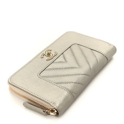 Metallic Sheepskin Chevron Quilted Medium Mademoiselle Vintage Zip Around Wallet Silver