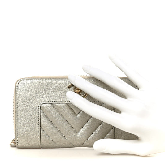 Metallic Sheepskin Chevron Quilted Medium Mademoiselle Vintage Zip Around Wallet Silver