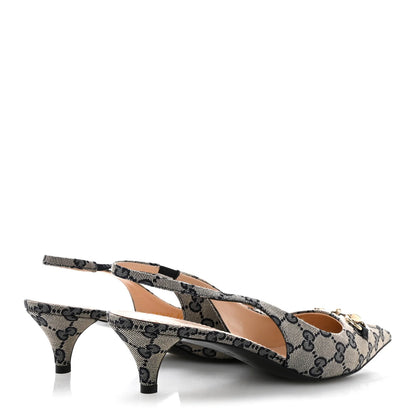 Gucci Monogram Horsebit 35mm Slingback Pumps 39.5 Beige Blue