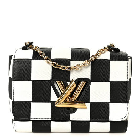 Calfskin Damier Tressage Twist Shoulder Bag MM Black White