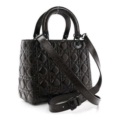 Crinkled Calfskin Cannage Medium Lady Dior Black