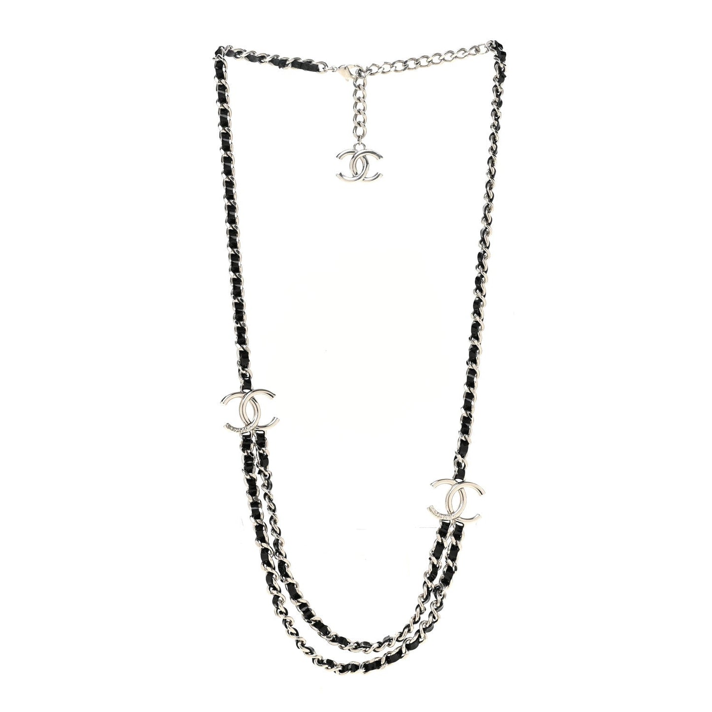 Metal Patent CC Double Chain Necklace Black Silver