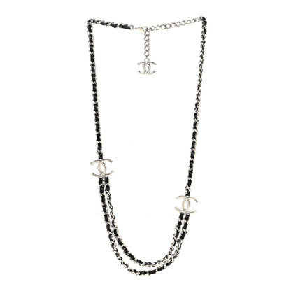 Metal Patent CC Double Chain Necklace Black Silver