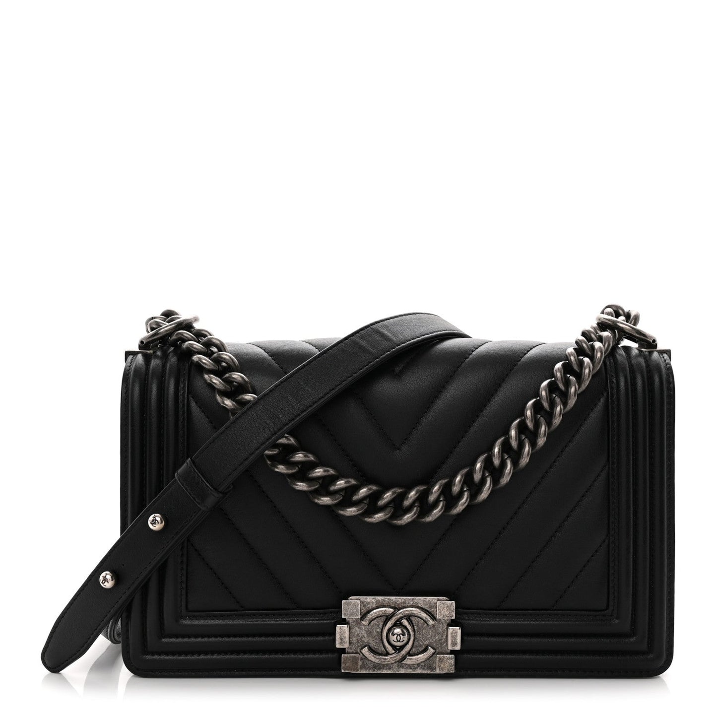 Calfskin Chevron Quilted Medium Boy Flap Black
