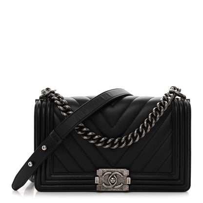 Calfskin Chevron Quilted Medium Boy Flap Black