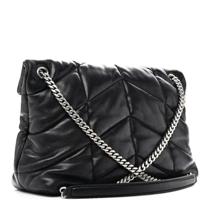 Lambskin Quilted Medium Loulou Puffer Monogram Chain Satchel Black
