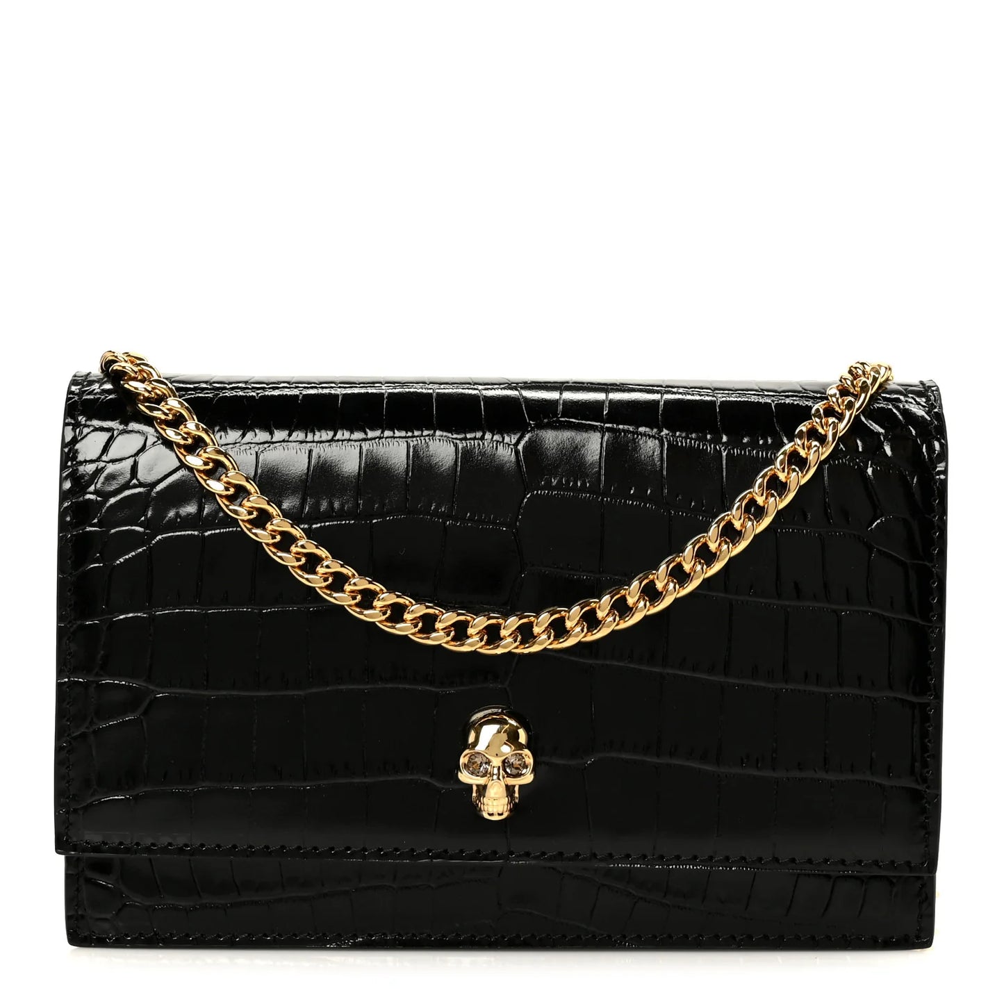 Alexander McQueen Calfskin Crocodile Embossed Skull Mini Shoulder Bag Black