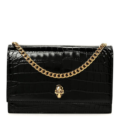 Alexander McQueen Calfskin Crocodile Embossed Skull Mini Shoulder Bag Black