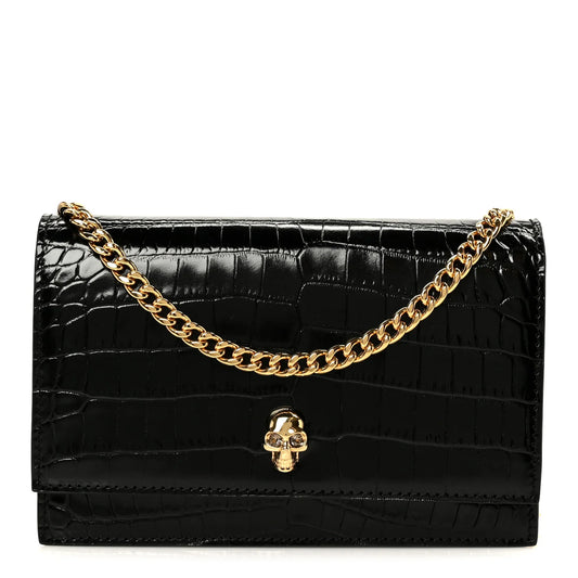 Alexander McQueen Calfskin Crocodile Embossed Skull Mini Shoulder Bag Black