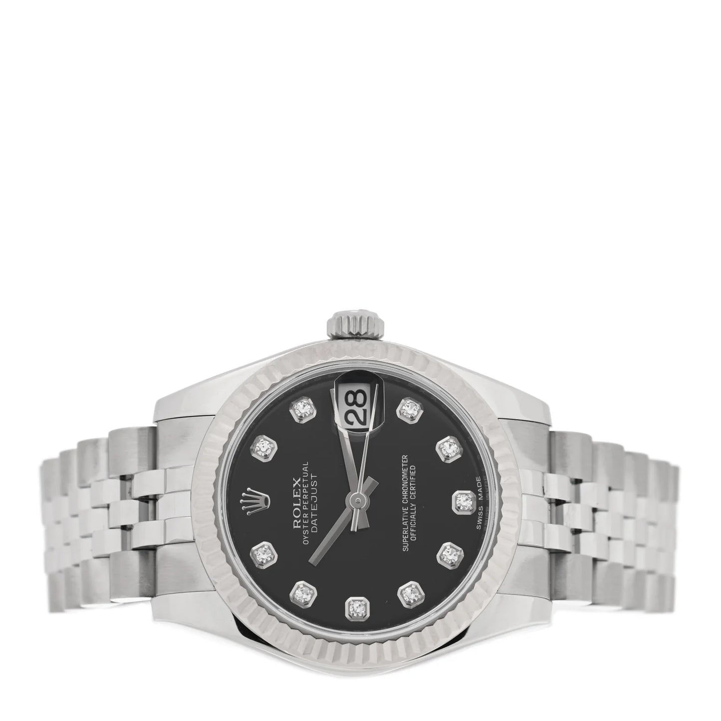 Rolex Stainless Steel 18K White Gold Diamond 31mm Oyster Perpetual Datejust Watch Black 178274