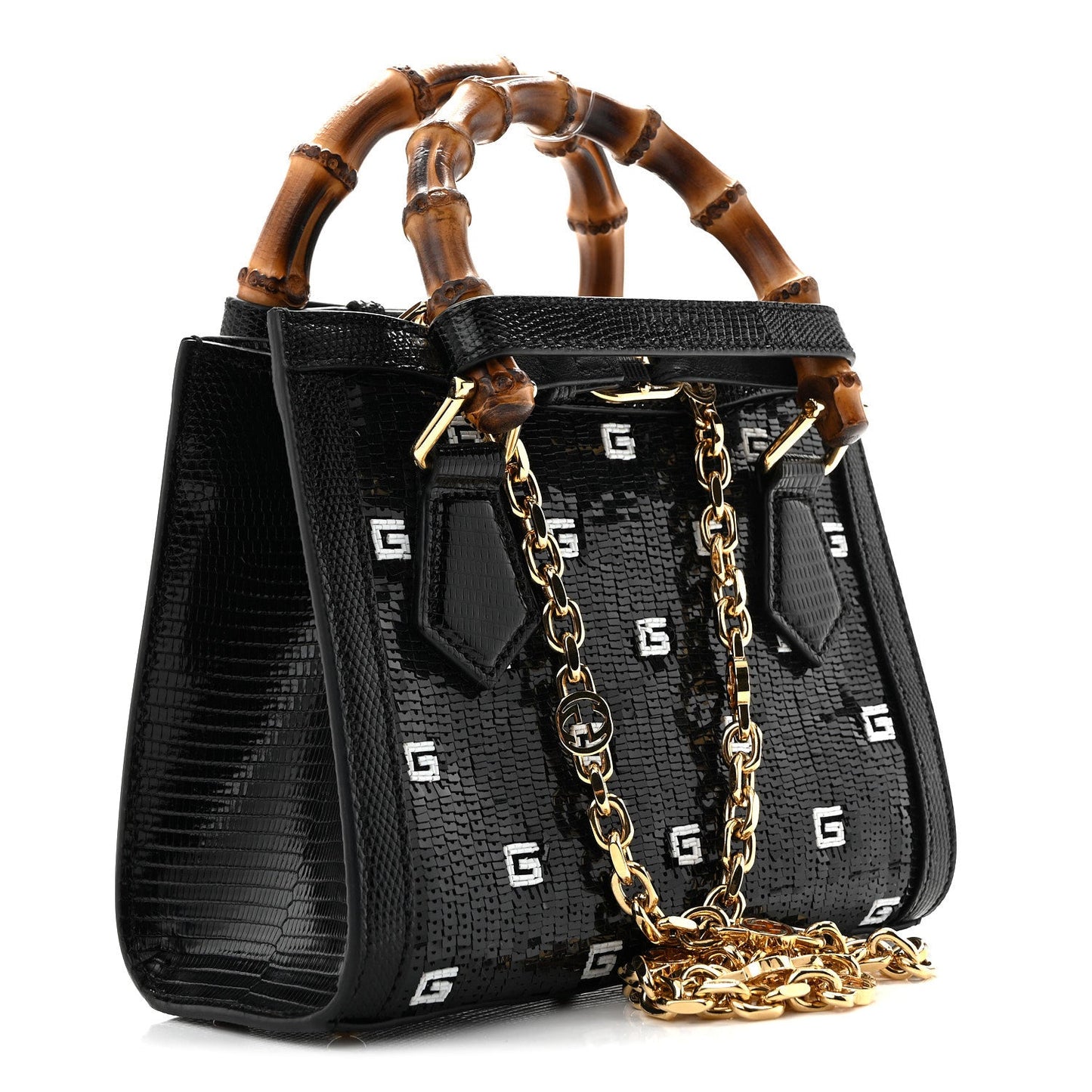 Lizard Sequin GG Monogram Mini Diana Tote Bag Black