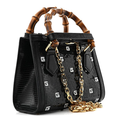 Lizard Sequin GG Monogram Mini Diana Tote Bag Black