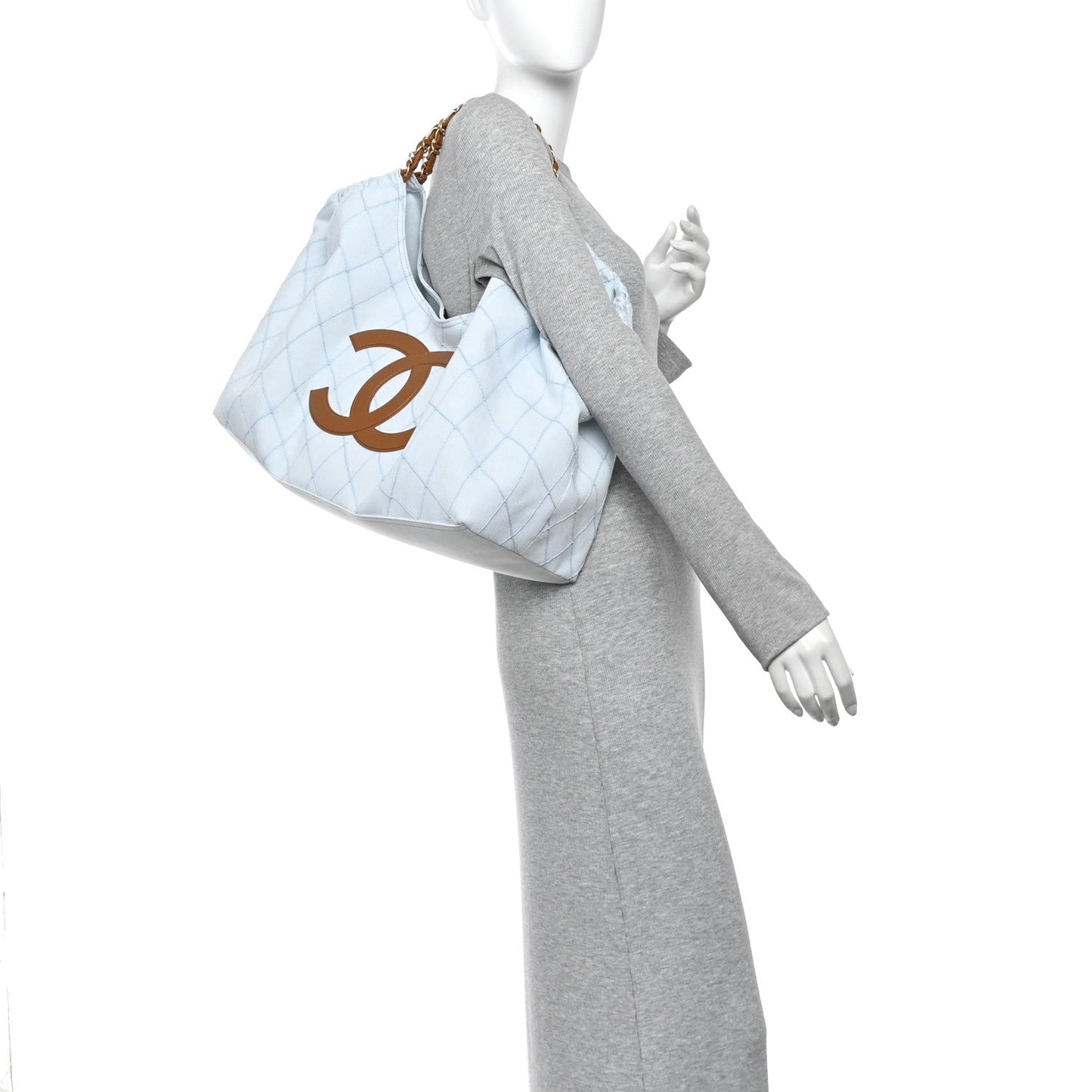 Denim Calfskin Quilted Coco Beach Small Shopping Tote Light Blue Brown