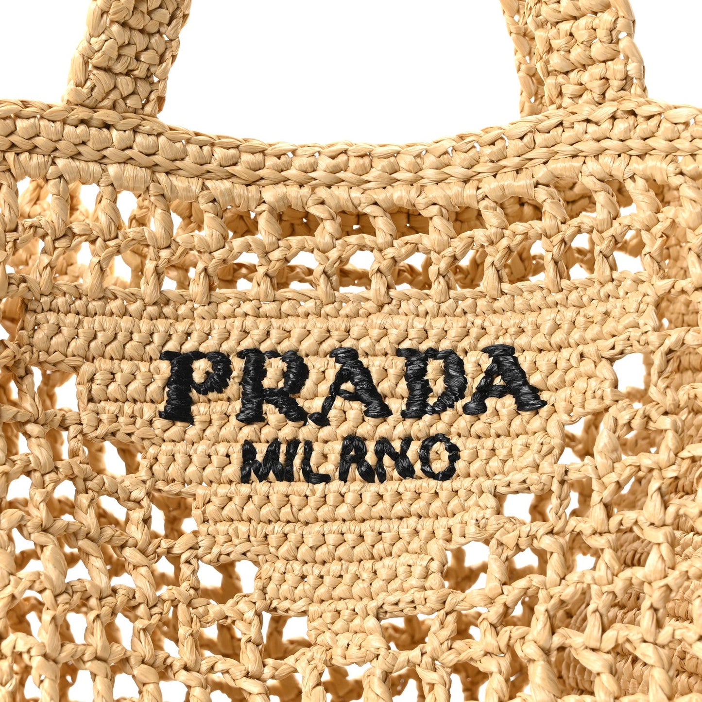 Yarn Raffia Effect Crochet Logo Embroidered Small Tote Bag Naturale
