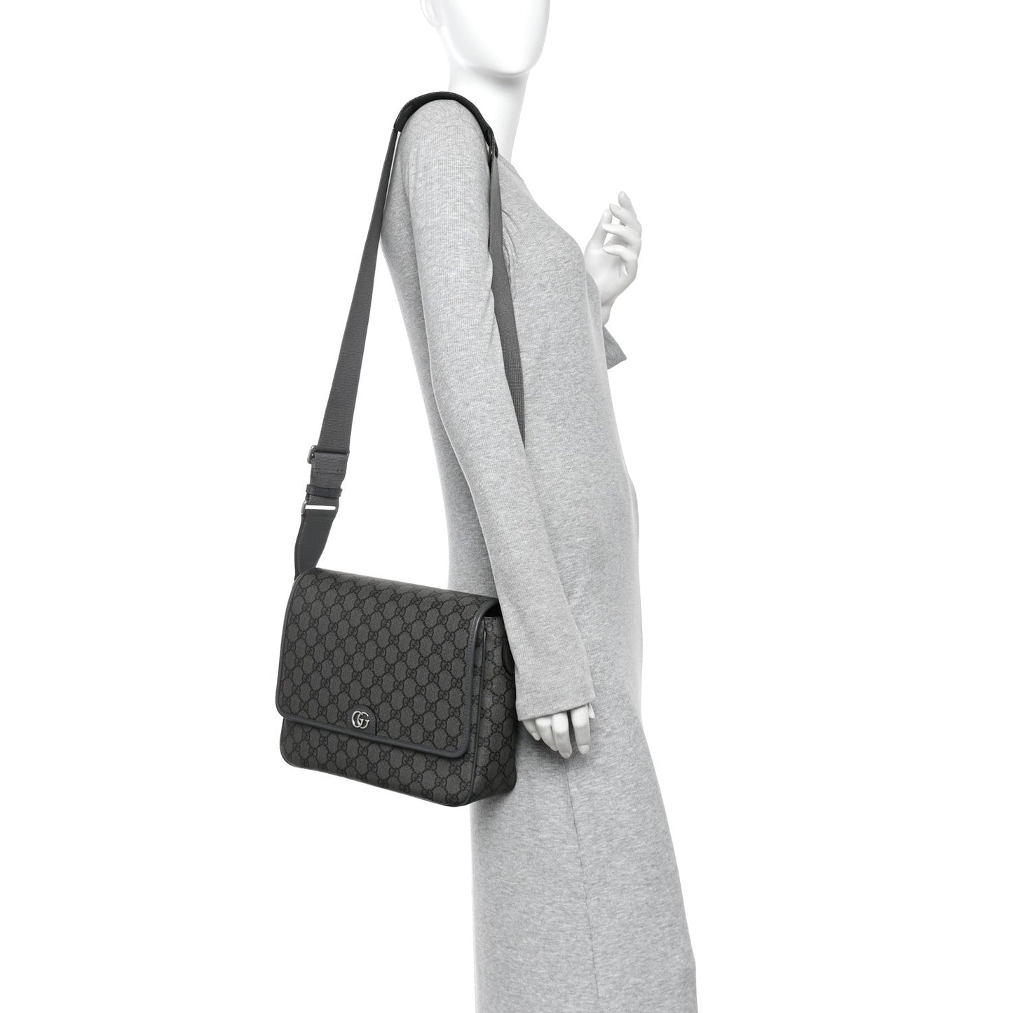 Tender GG Supreme Monogram Textured Dollar Calfskin Ophidia Messenger Bag Grey Black Graphite Grey