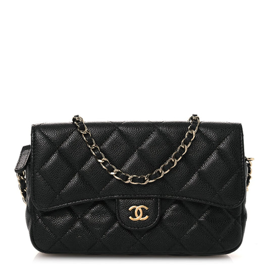 Caviar Quilted Flap Phone Holder With Chain Black