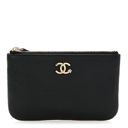 Goatskin Camellia CC Cosmetic Pouch Black