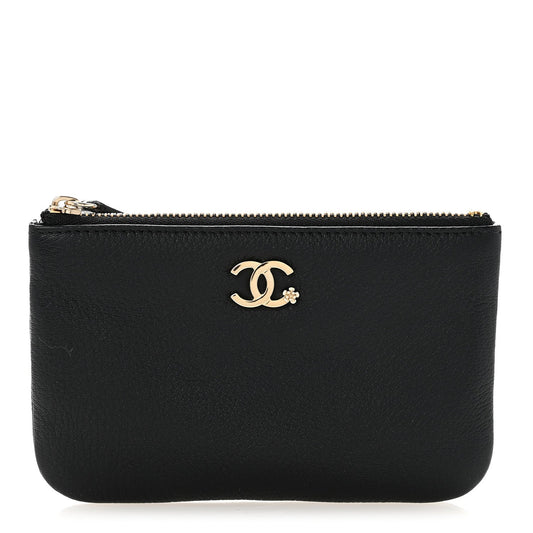 Goatskin Camellia CC Cosmetic Pouch Black