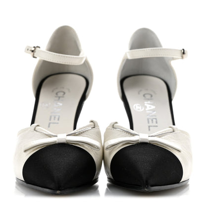 Crumpled Calfskin Satin Cap Toe CC Pumps 36 White Black