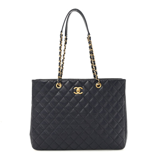 Caviar Quilted Large CC Shopping Tote Navy