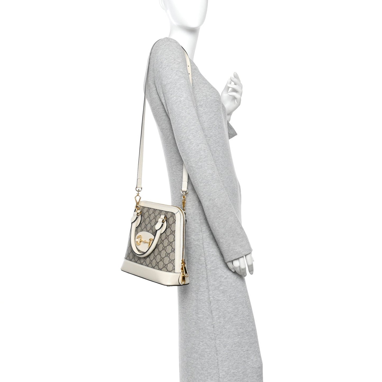 GG Supreme Monogram Azalea Calfskin Small Horsebit 1955 Top Handle Bag Beige Ebony Mystic White