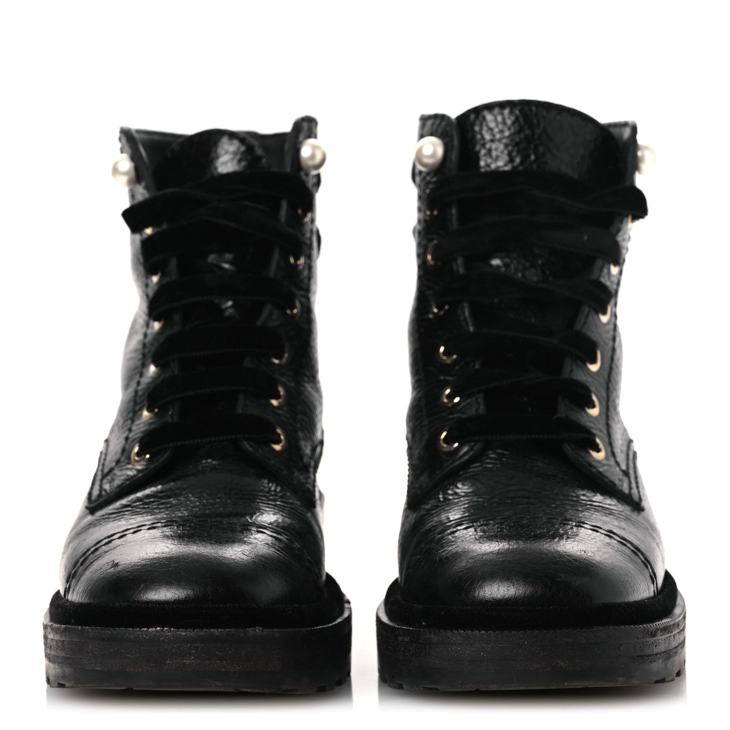 Shiny Calfskin Velvet Pearl Combat Short Boots 38 Black