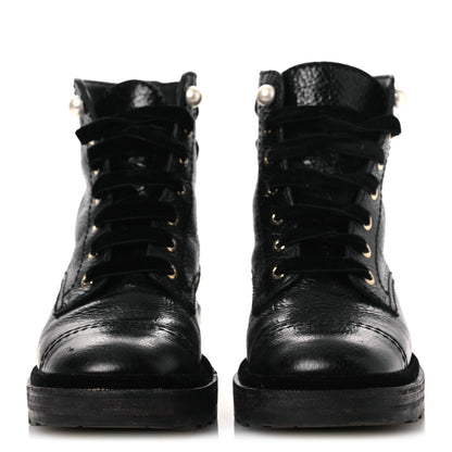 Shiny Calfskin Velvet Pearl Combat Short Boots 38 Black