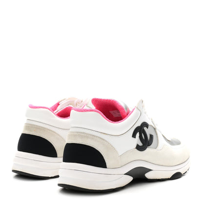 Calfskin Fabric Sneakers 39 White Silver Fluo Pink