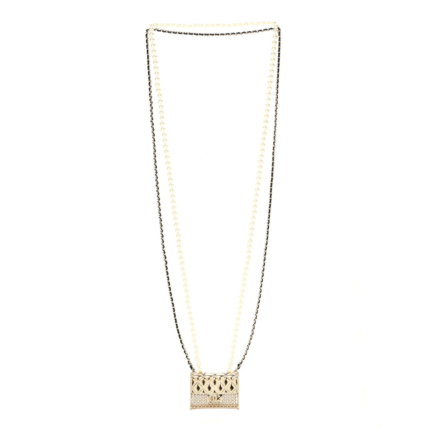 Metal Lambskin Pearl Chain Flap Bag Long Necklace Gold Black Pearly White
