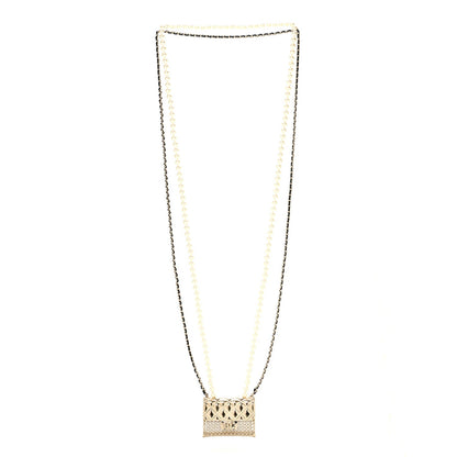 Metal Lambskin Pearl Chain Flap Bag Long Necklace Gold Black Pearly White