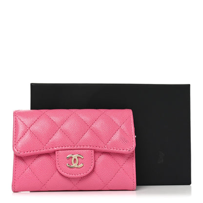 Caviar Quilted Flap Card Holder Wallet Pink