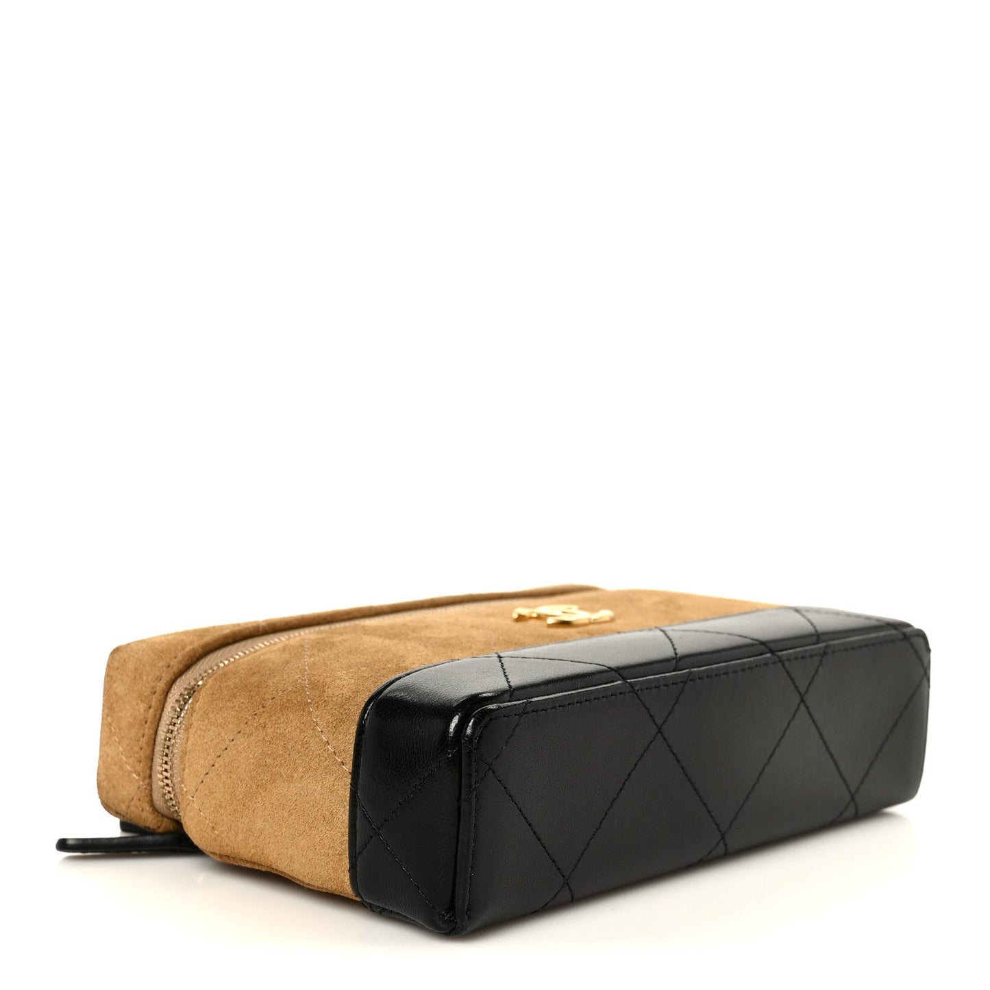 Suede Calfskin Shiny Lambskin Stitched Top Handle Slim Vanity Case With Chain Beige Black