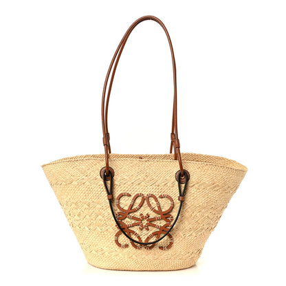 Calfskin Raffia Medium Anagram Basket Tote Bag Natural Tan