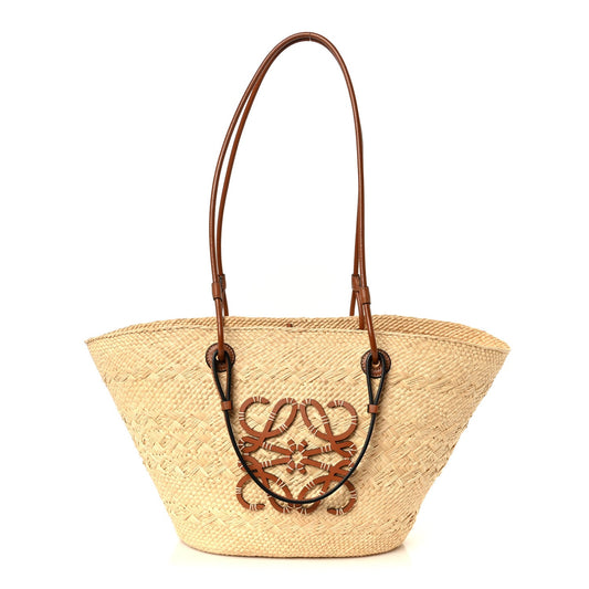 Calfskin Raffia Medium Anagram Basket Tote Bag Natural Tan