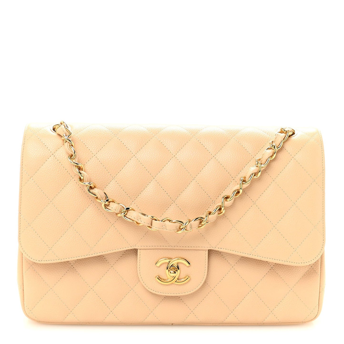 Caviar Quilted Jumbo Double Flap Beige Clair