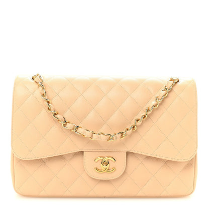 Caviar Quilted Jumbo Double Flap Beige Clair