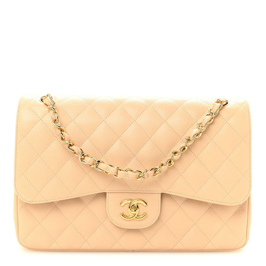 Caviar Quilted Jumbo Double Flap Beige Clair