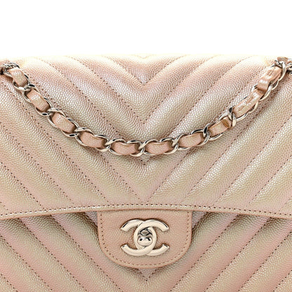 Metallic Caviar Chevron Quilted Medium Double Flap Light Gold