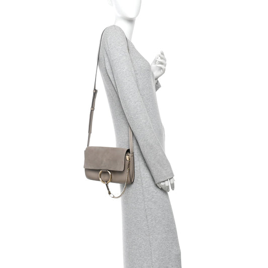 Suede Calfskin Small Faye Shoulder Bag Motty Grey